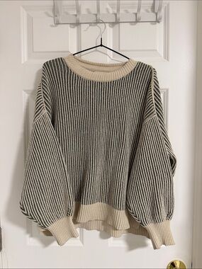 Women's Striped Crewneck Sweater in Cream and Sage green